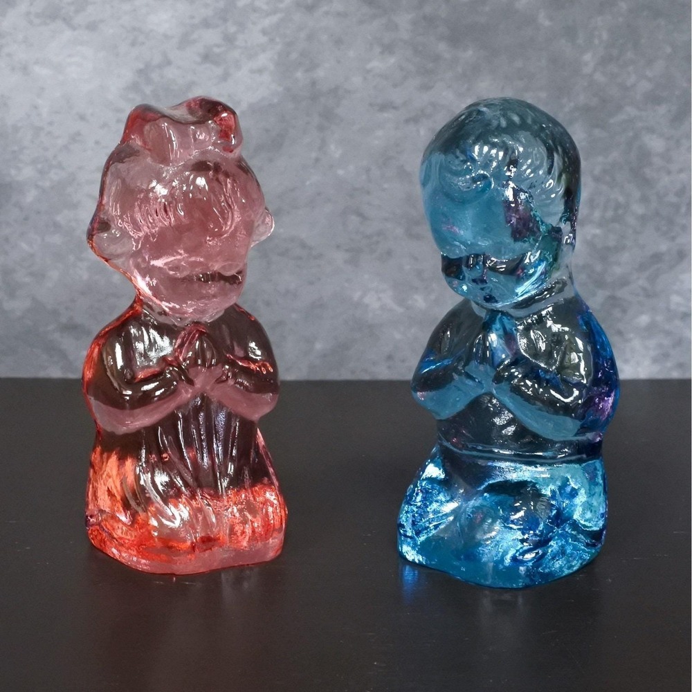 Vintage Viking Glass Praying Boy & Girl Blue Pink Glass Bookends